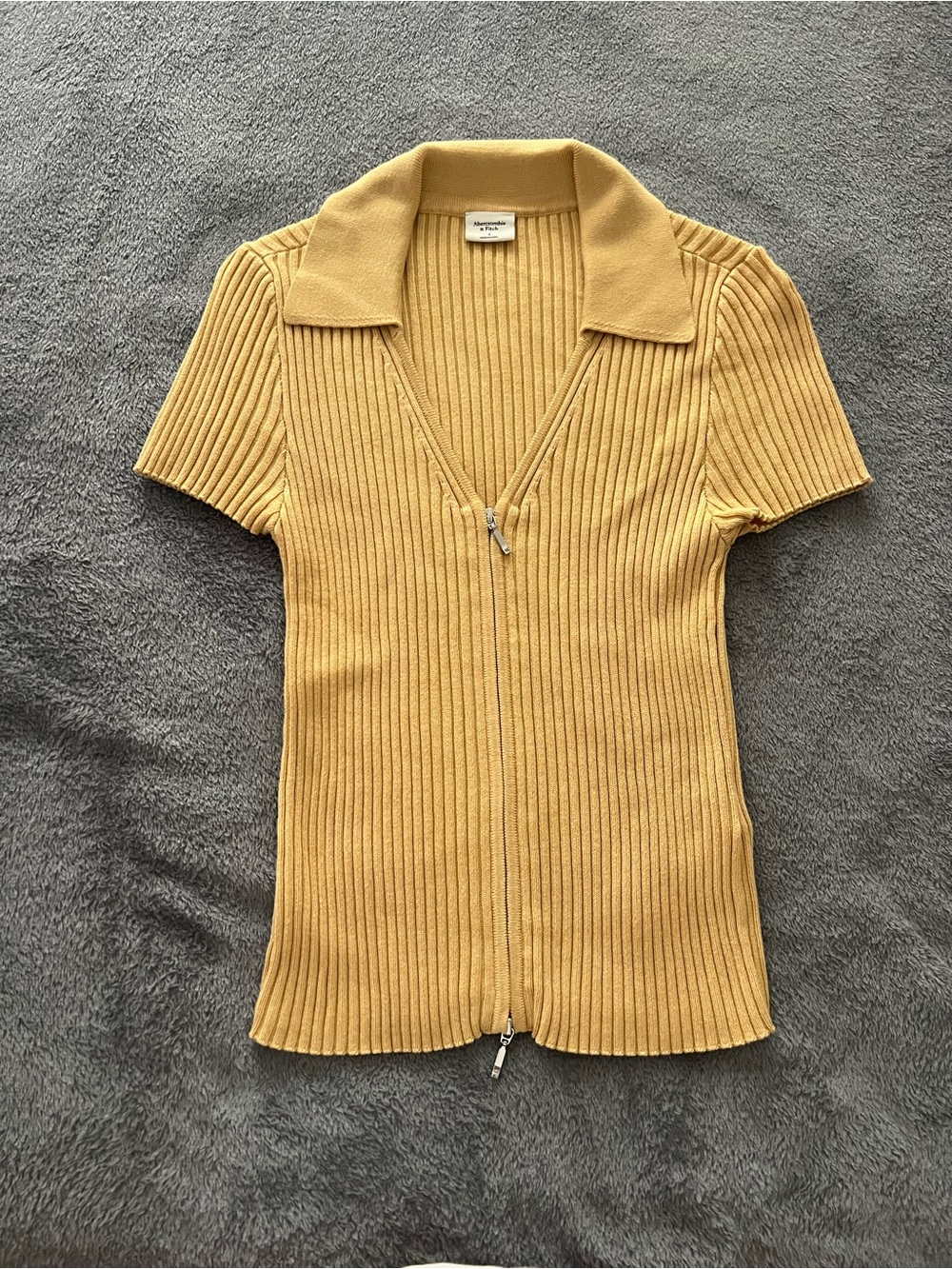 Abercrombie & Fitch Ribbed Short Sleeve Zip Front Top - Mustard Yellow